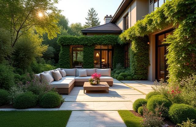 Landscaped garden at a luxury residence with seating area